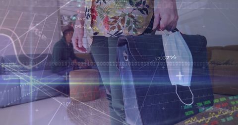 Businessman holding briefcase with covid-19 safety measures