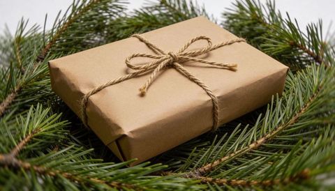 Rustic kraft-wrapped gift resting on pine boughs for sustainable holiday decor