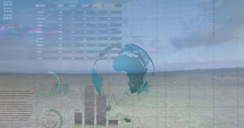 Global data visualization over countryside landscape