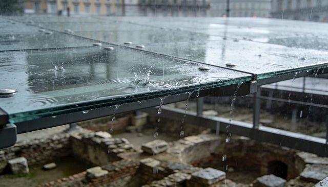 Rain rippling over tempered glass canopy above ancient roman ruins with metal standoffs