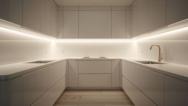 Showcasing minimalist handleless u-shaped kitchen with led undercabinet lighting and brass faucet