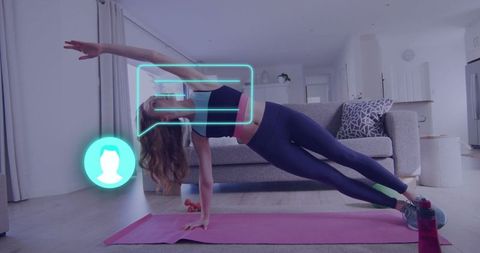 Woman Practicing Side Plank with Digital Technology Overlay at Home