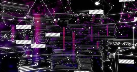 Pulsing neon data corridor unfolding with luminous nodes and circuit mesh in magenta glow
