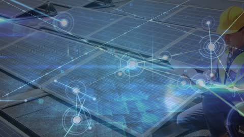 Technician Installing Solar Panels with Futuristic Digital Network