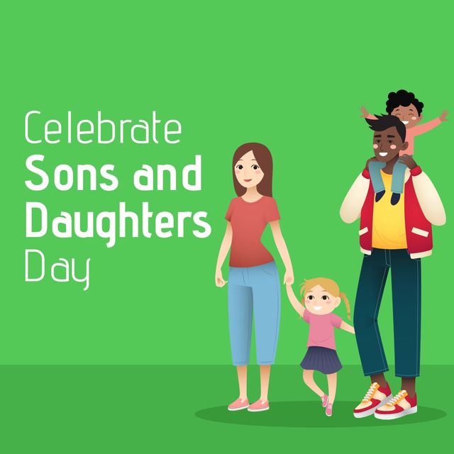 Illustration of multiracial family with celebrate sons and daughters day text on green background. Vector, copy space, celebration, family, togetherness, love, enjoyment.