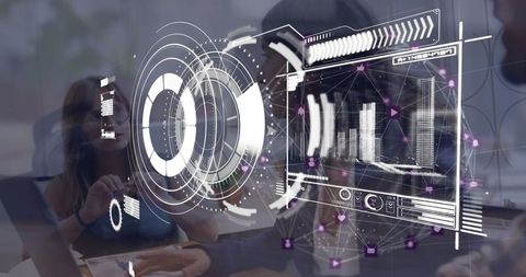 Futuristic holographic data presentation in modern office