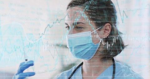 Female Doctor Analyzing Medical Test with Digital Data Overlay