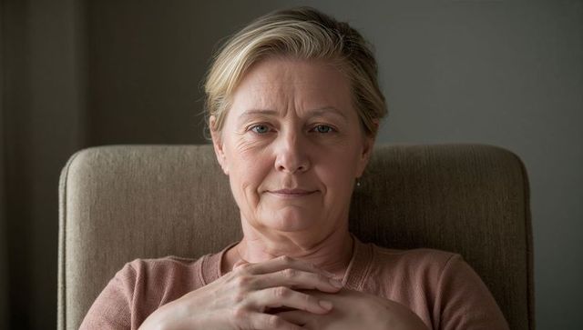 Contemplative senior woman sitting in beige armchair clasping hands, minimalist interior
