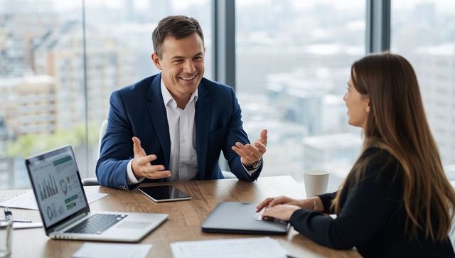 Executives discussing business strategy in modern office setting