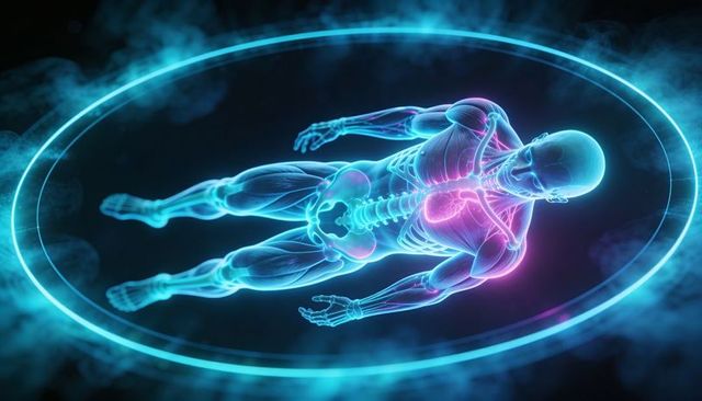 Holographic neon anatomy with floating translucent skeleton and glowing heart