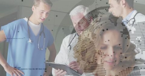 Medical Team Collaborating with Global Technology Overlay