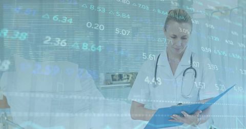 Caucasian Female Doctor Analyzing Financial Data in Hospital