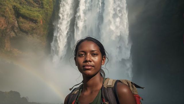Female Hiker Standing at Base of Majestic Waterfall with Rainbow and Backpack