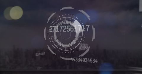 Futuristic digital interface with data over cityscape background