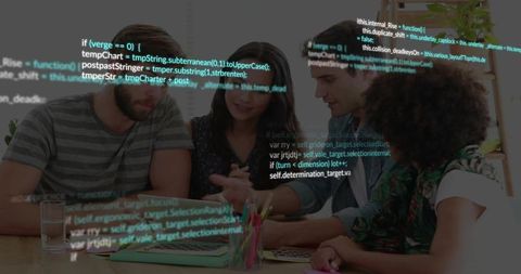 Collaborative team debugging code on laptop with transparent code overlay and brainstorming