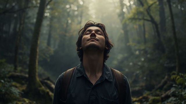 Young hiker pausing beneath misty forest canopy, breathing in soft dappled morning light