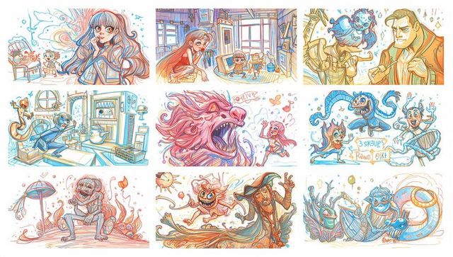 Whimsical comic collage showcasing nine vibrant fantasy vignettes with quirky characters