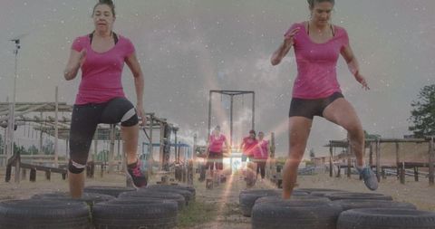Women Teams Challenge Obstacle Course in Intense Tire Drill