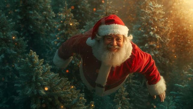 Magical santa claus gliding over snowy trees