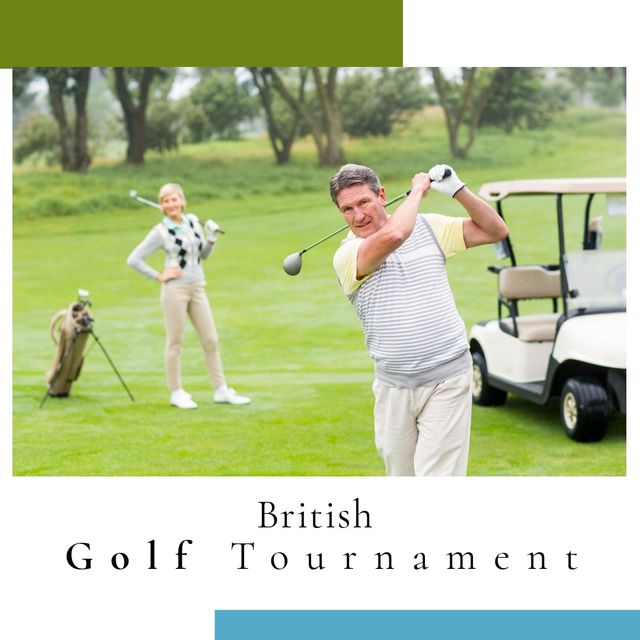Digital composite image of mature caucasian man playing golf with british golf tournament text. sport, competition and golf game concept, open championship, golf tournament.