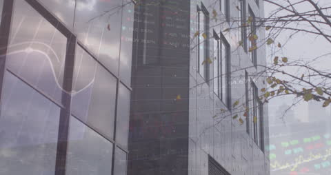 Global Financial Data Visuals Overlay on Modern Skyscraper