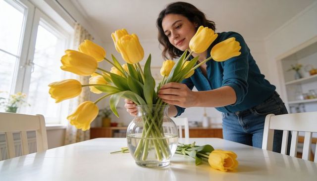 Woman arranging yellow tulip bouquet in glass vase on bright kitchen table in teal and denim