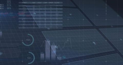 Futuristic holographic analytics dashboard floating over grid with line graph and bar chart