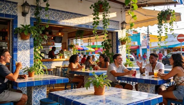 Laughing friends enjoying drinks at sunlit tiled outdoor cafe with hanging plants