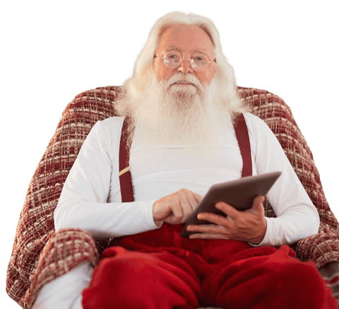 Transparent Santa Claus Reading Tablet on Comfortable Chair