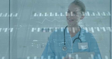 Healthcare Professional Analyzing Futuristic Digital Data Graphics