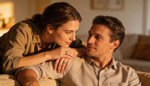 Warm intimate couple sharing quiet evening on sofa, hands showing matching rings