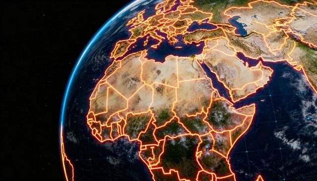 Neon border map of africa and europe on earth globe with blue atmospheric glow and glowing borders