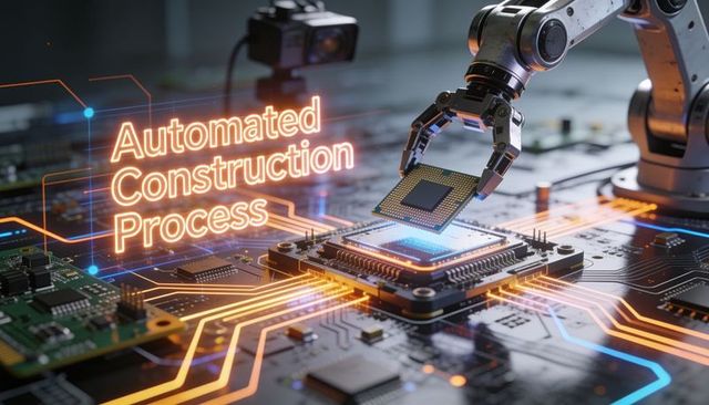 Robotic arm placing microchip on circuit board with neon dataflow, precision assembly