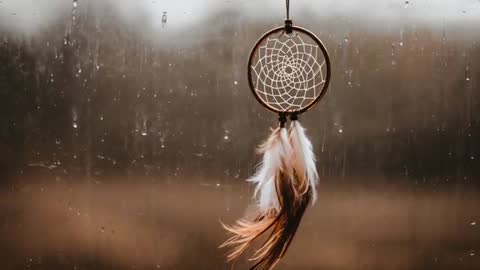 Dreamcatcher Against Rain-Soaked Window Creating Calming Atmosphere