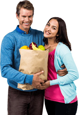 Smiling Couple with Bag of Fresh Fruits on Transparent Background