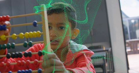 Young boy learning counting with wooden abacus and augmented reality math overlay, emerald wave