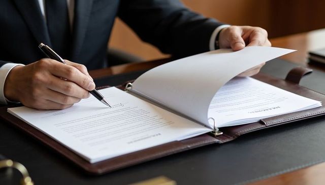 Executive signing contract in leather binder at desk reviewing legal documents and initialing pages