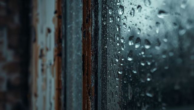 Raindrops on window pane and weathered metal frame