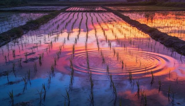 Sunset ripples in flooded rice paddies reflecting vibrant sky and seedling rows at dusk