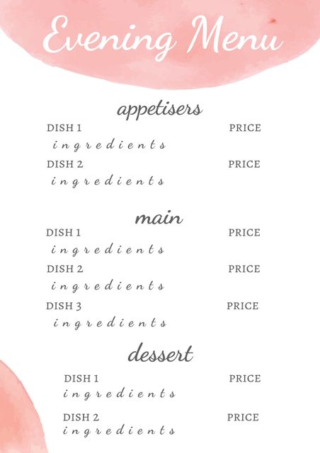 This elegant pink menu template is perfect for weddings, special events, and upscale restaurants. The design features soft pink watercolor elements and a clean, sophisticated layout, making it ideal for presenting appetisers, main courses, and desserts. The printable format allows for easy customization, ensuring your guests have a delightful dining experience.