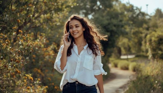 Hispanic Woman Outdoors in Park Talking on Smartphone in Casual Attire