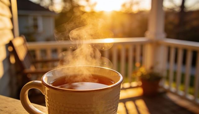 Steaming textured ceramic mug on backlit porch at golden sunrise, cozy morning