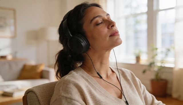 Relaxing woman listening to music on wired headphones, reclining in cozy sunlit living room