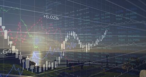 Financial Data Overlay on Serene Seaside Promenade at Sunset