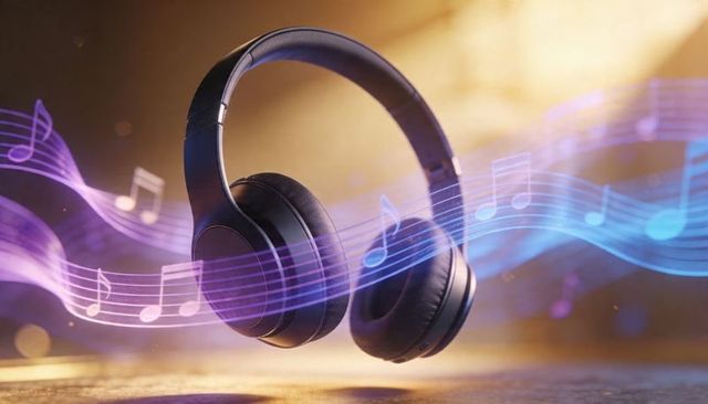 Floating wireless headphones emitting colorful music notes with ambient bokeh lighting