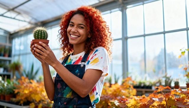 Smiling gardener holding potted cactus in sunlit greenhouse with tie-dye overalls
