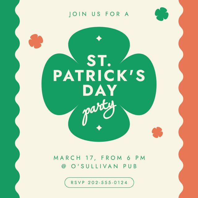 St. Patrick's Day Party flyer with large shamrock and event details on a yellow background. Suitable for promoting St. Patrick's Day events, parties, and festivities. Ideal for social media posts, event invitations, and community boards.