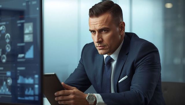 Executive studying tablet while analyzing financial dashboard in modern office