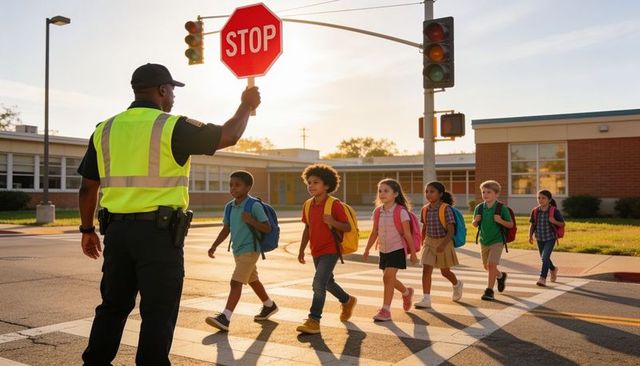 Crossing guard guiding elementary students across school crosswalk holding stop sign in morning ligh