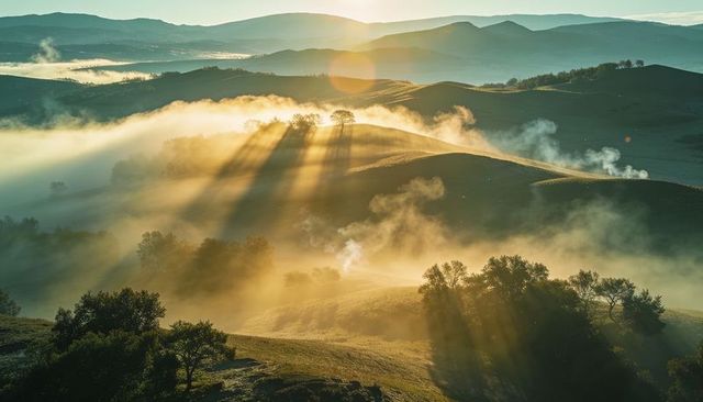 Golden sunbeams streaming over misty rolling hills and valleys at sunrise